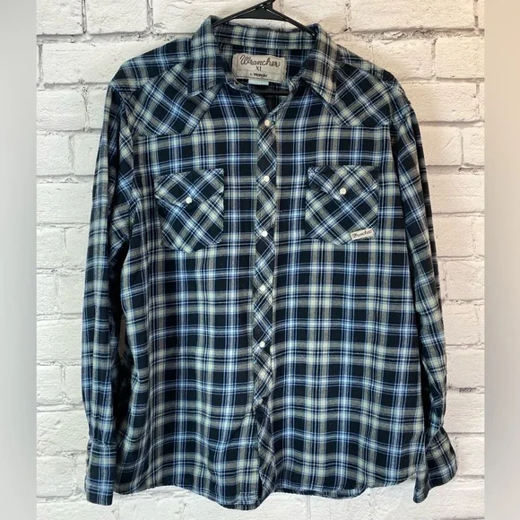 Wrangler Wrancher Vintage Blue Plaid Flannel Shirt w/ Pearl Snap Buttons size XL - Picture 6 of 10